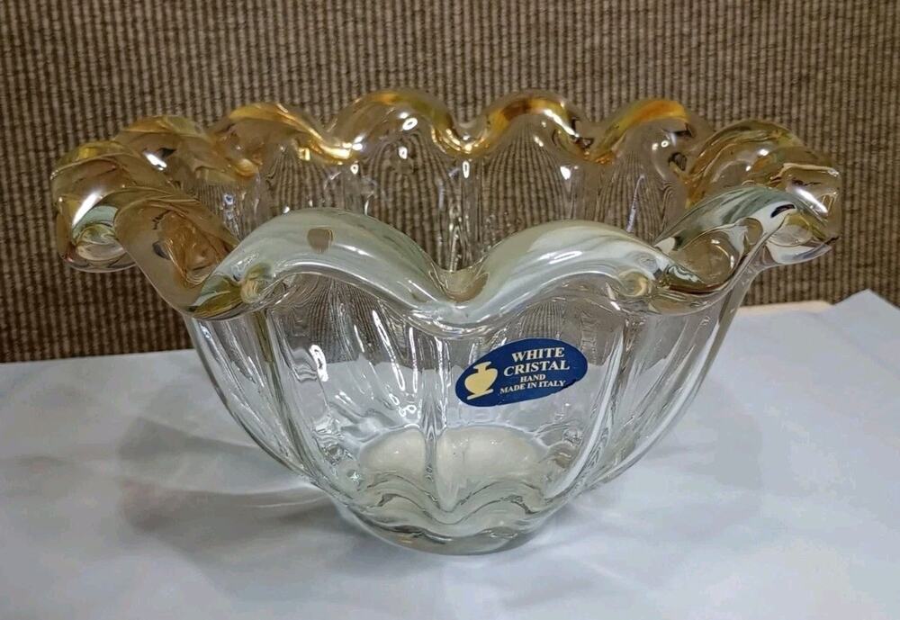 Murano Italy White Crystal Hand Blown Glass Ruffled Bowl